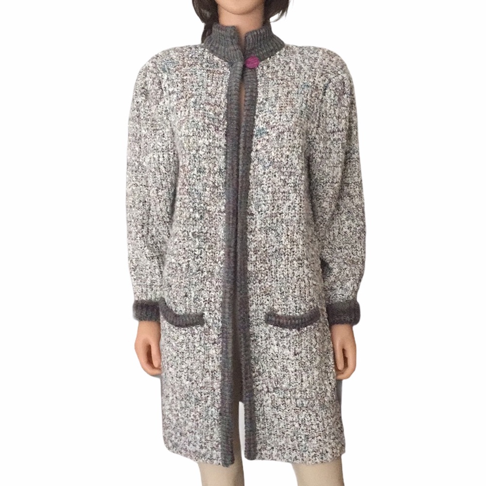 NWOT Vintage Monto Par Le Chois Knit Sweater Coat Gray White Trim Size M